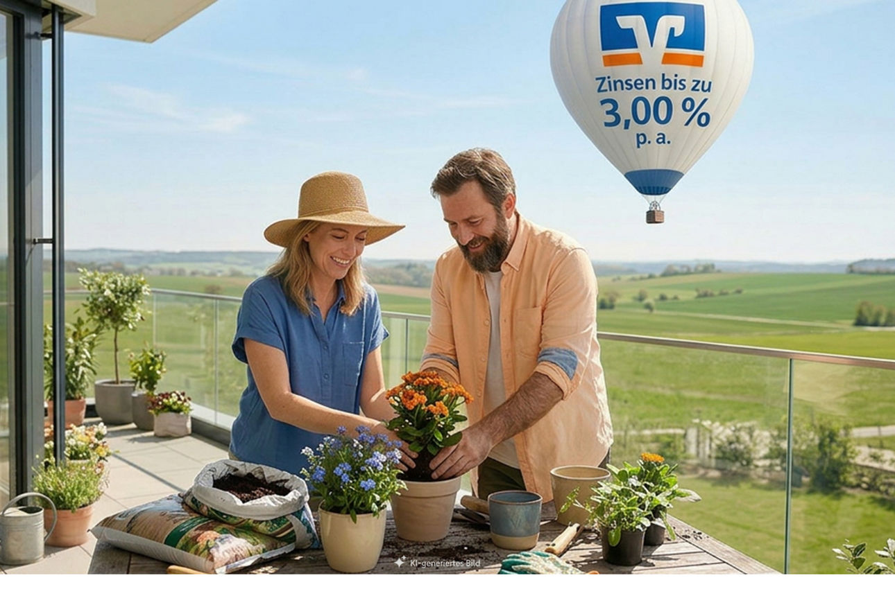 Mann und Frau stehen auf einem Balkon und pflanzen Blumen ein, im Hintergrund fliegt ein Heißluftballon, KI-generiert