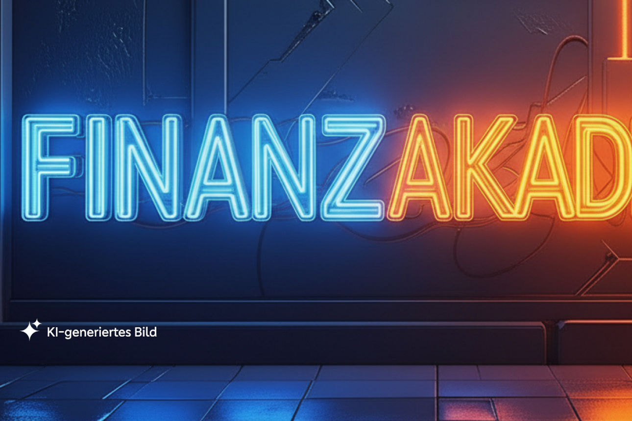 "Finanzakademie" in blauer und orangener Leuchtschrift, KI-generiert