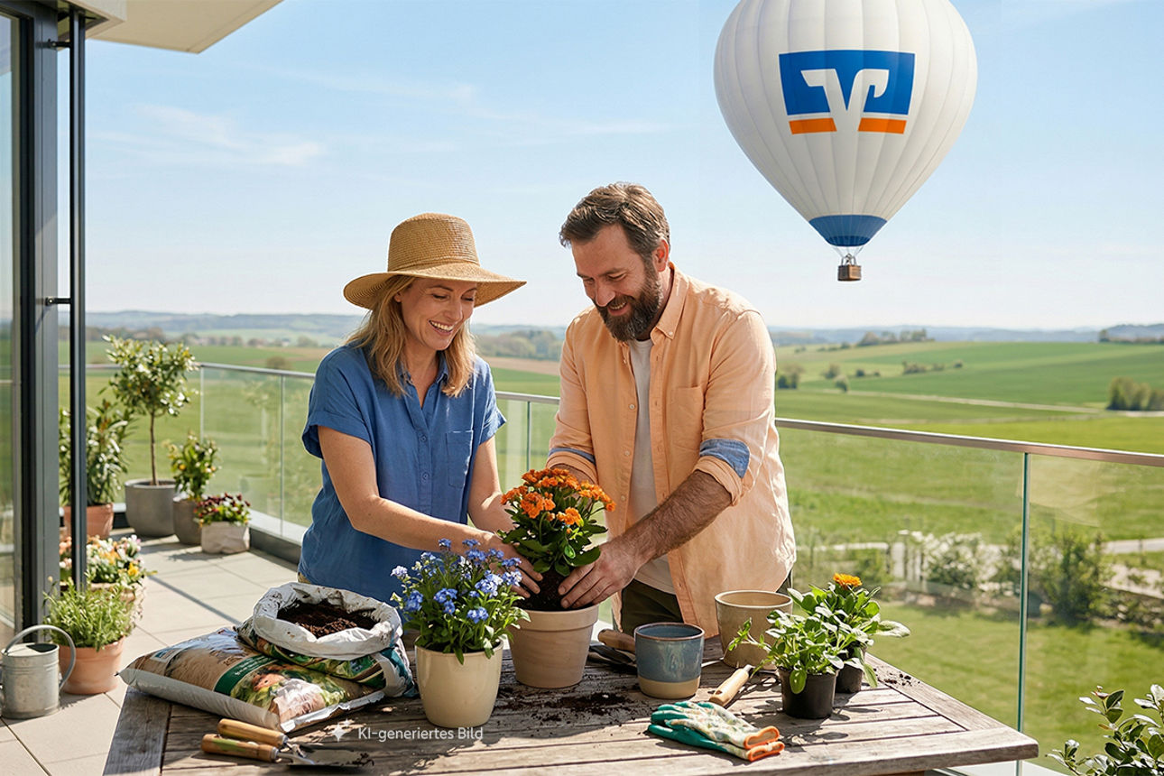 Mann und Frau stehen auf einem Balkon und pflanzen Blumen ein, im Hintergrund fliegt ein Heißluftballon, KI-generiert