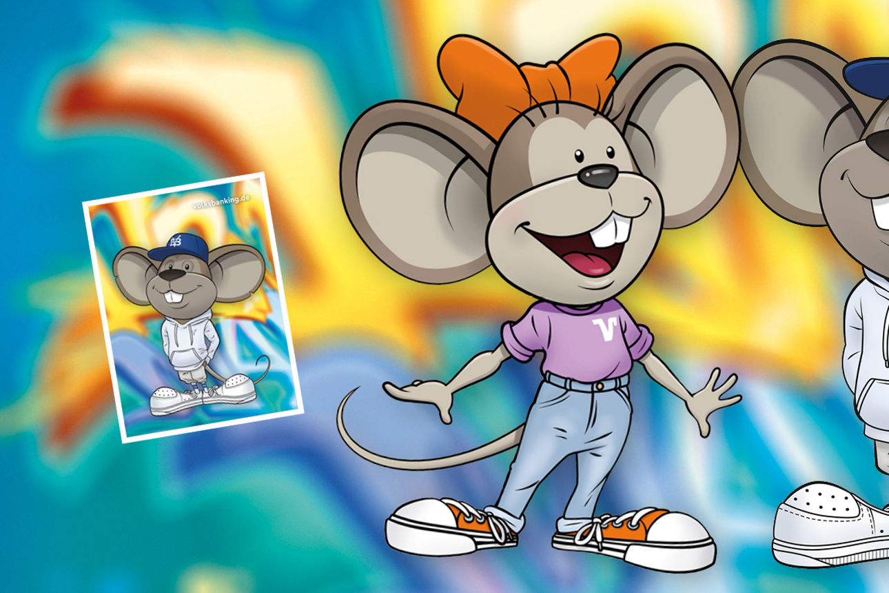 Hanni mir organgener Haarschleife und Manni mit blauer Basecap vor buntem Hintergrund