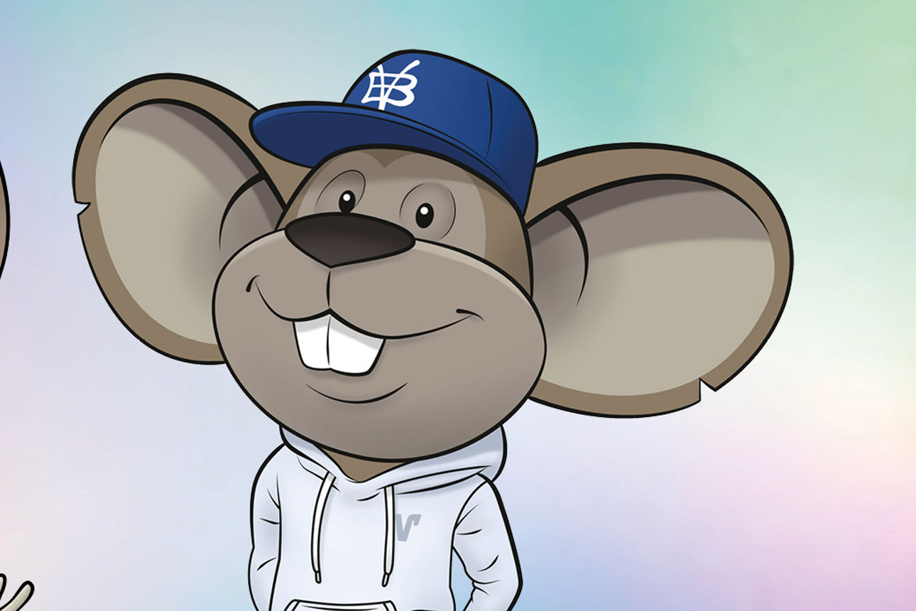 Hanni mit orangener Haarschleife und Manni mit blauer Basecap vor buntem Hintergrund