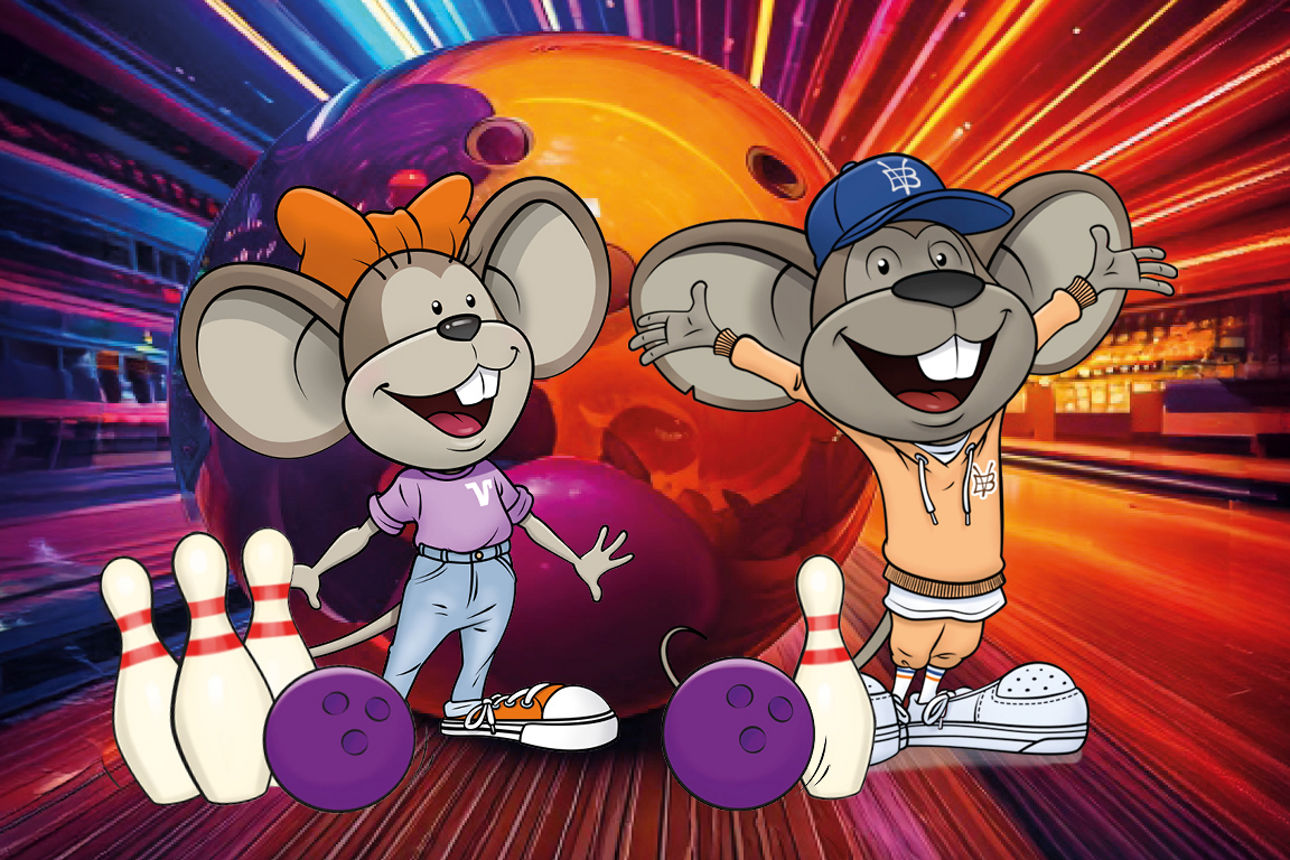 Hanni und Manni mit Bowlingkegeln und Kugeln