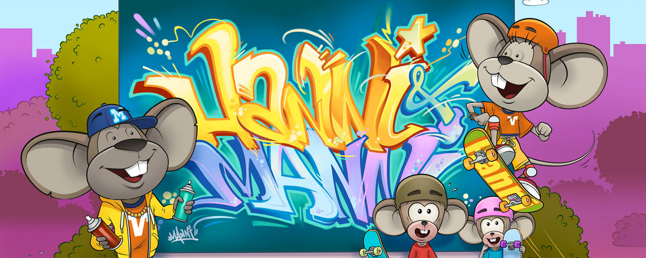 Volksbank-Mäuse mit Skateboard vor Graffitiwand