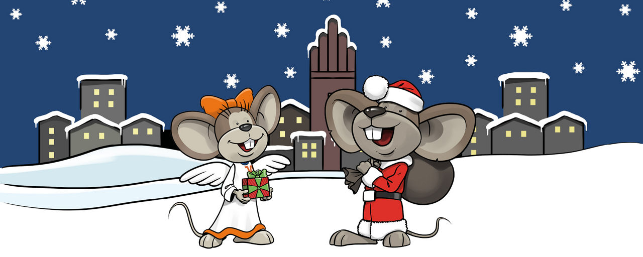 Weihnachtsengel Hanni und Weihnachtsmann Manni stehen im Schnee