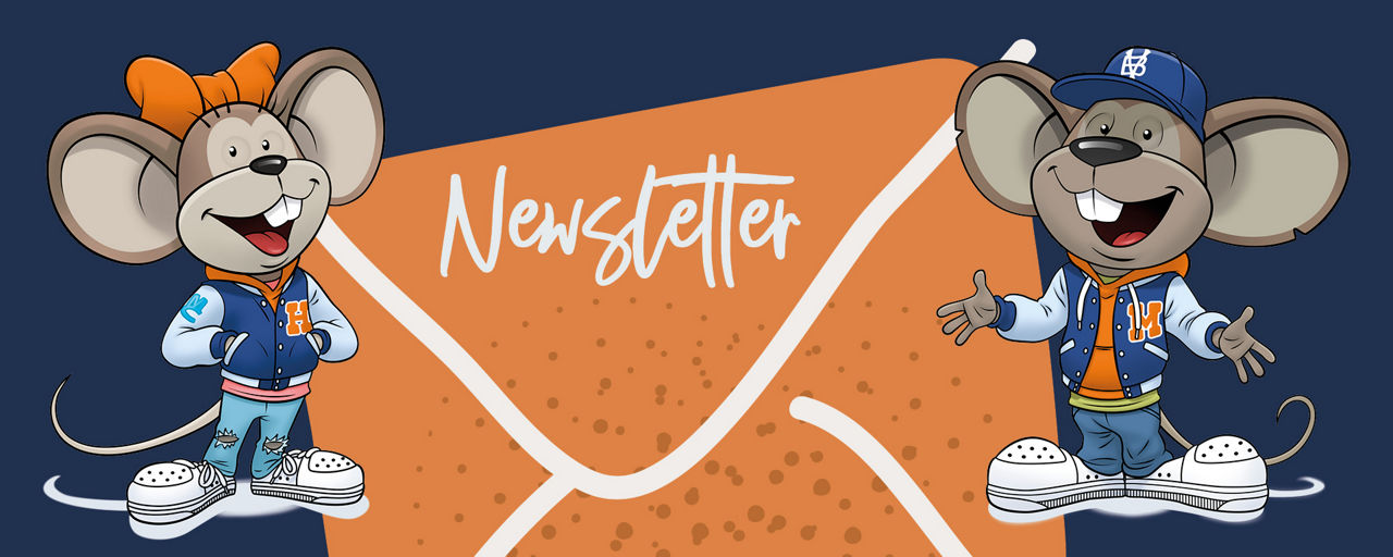 Maskottchen Hanni und Manni vor einem Brief, auf dem "Newsletter" steht