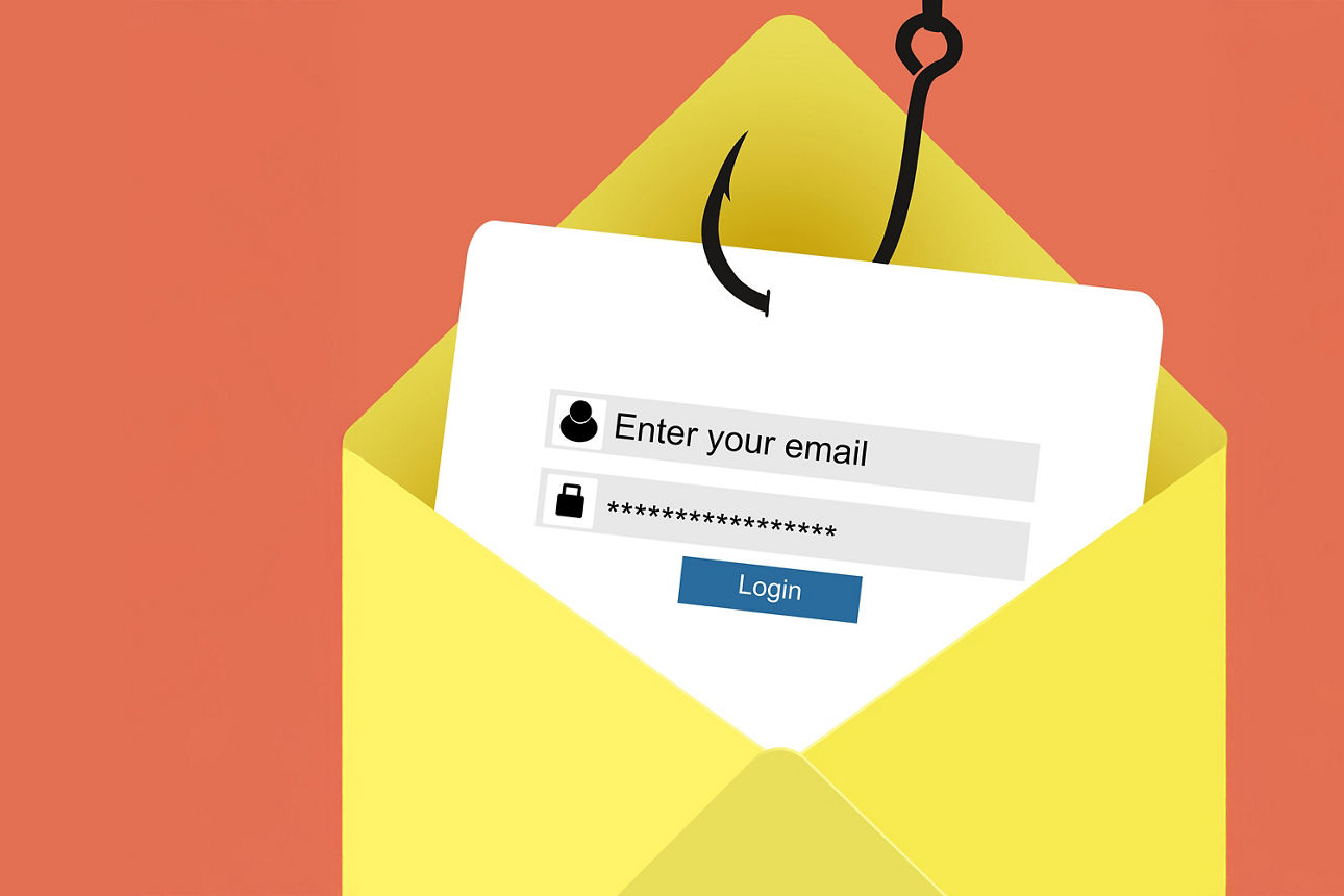 Kärtchen, das an einem Angelhaken hängt und uns vor Phishing warnen soll