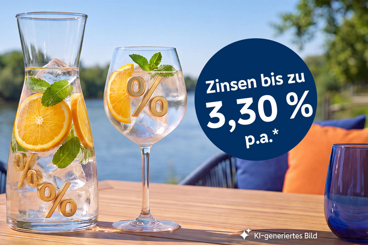 Karaffe und Glas sind mit Wasser, Orangen, Eiswürfeln und Prozentzeichen gefüllt. Im Hintergrund ist ein Fluss zu sehen. Text "Zinsen bis zu 3,30 % p. a.", KI-generiertes Bild