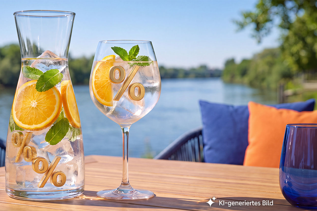 Karaffe und Glas sind mit Wasser, Orangen, Eiswürfeln und Prozentzeichen gefüllt. Im Hintergrund ist ein Fluss zu sehen, KI-generiertes Bild