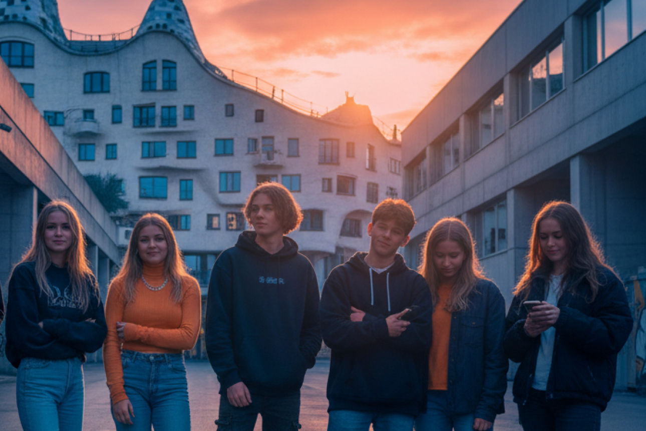 Gruppe mit Jugendlichen steht in einer Straße, KI-generiertes Bild