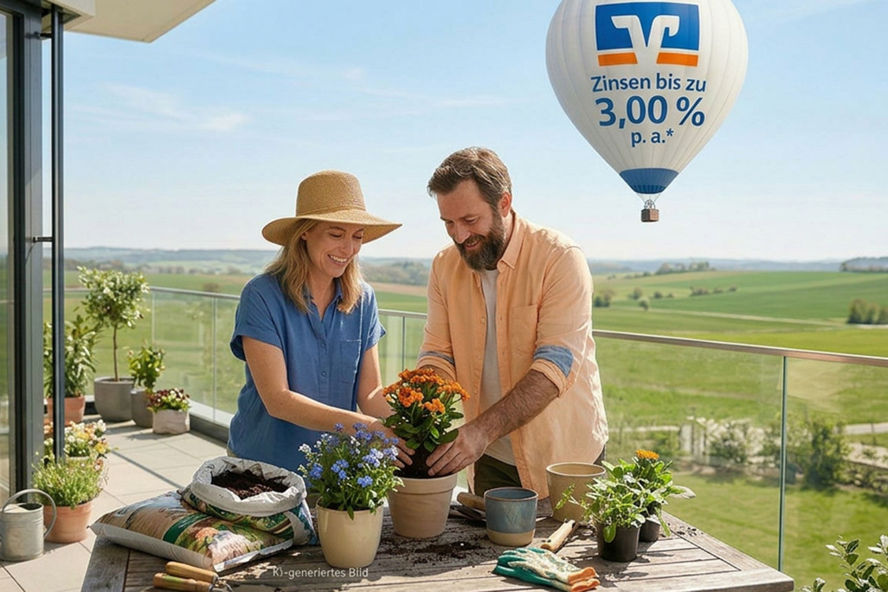 Mann und Frau stehen auf einem Balkon und pflanzen Blumen ein, im Hintergrund fliegt ein Heißluftballon mit der Aufschrift "Zinsen bis zu 3,00 % p. a. ", KI-generiert