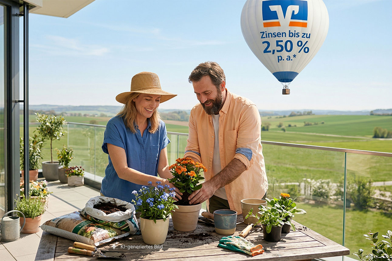 Mann und Frau stehen auf einem Balkon und pflanzen Blumen ein, im Hintergrund fliegt ein Heißluftballon mit der Aufschrift "Zinsen bis zu 2,50 % p. a. ", KI-generiert