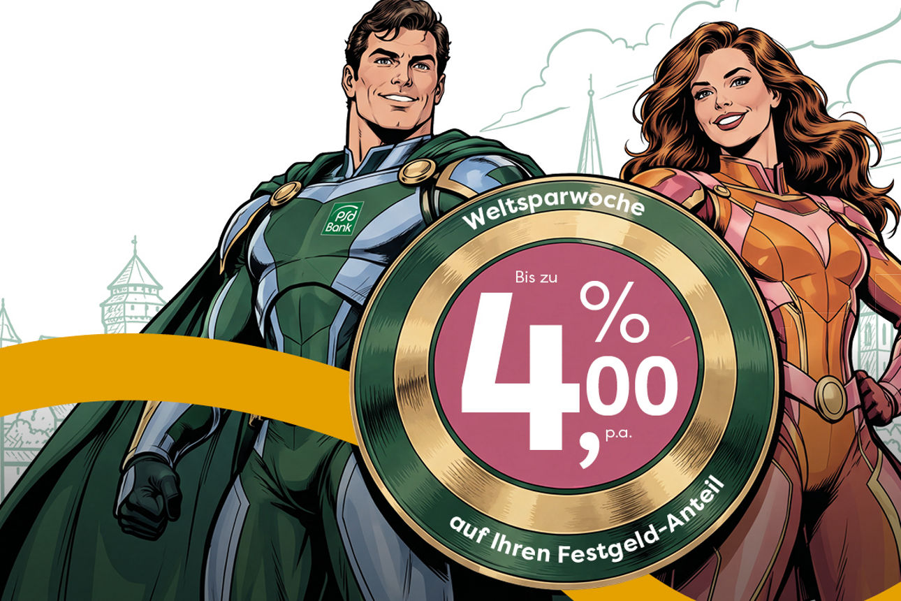 Zwei Superhelden halten ein Schild mit der Abbildung „4,00 % auf Ihren Festgeldanteil” in die Höhe.