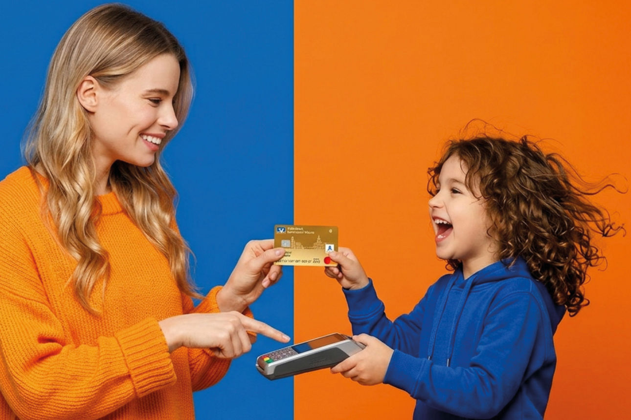 Eine junge Frau und ein Kind halten erfreut eine girocard der Volksbank Darmstadt Mainz eG und ein Kartelesegerät in die Luft
