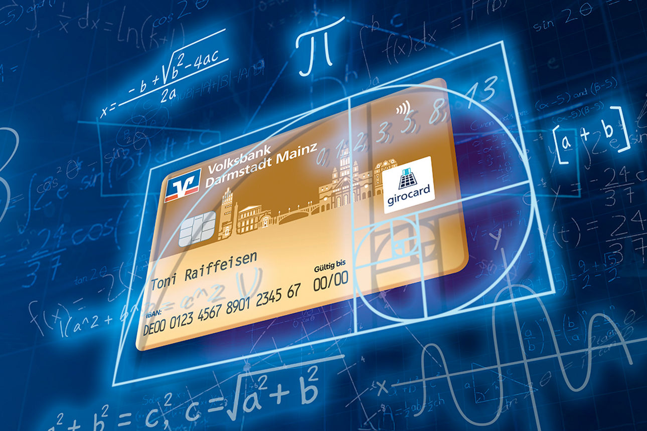 girocard der Volksbank umgeben von mathematischen Gleichungen, Symbolen und Graphen