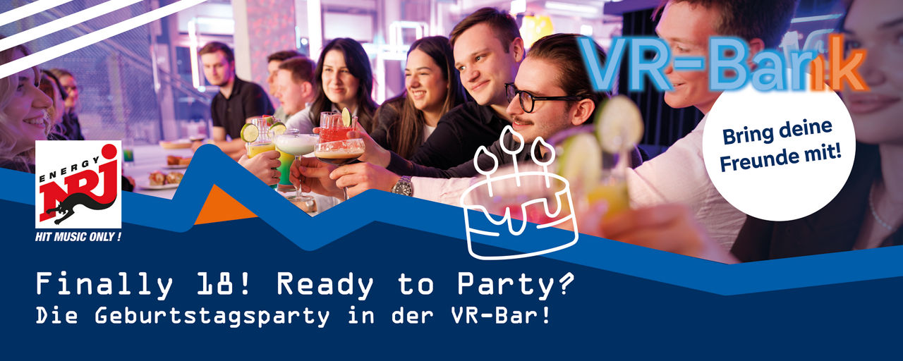 Einladung zum 18. Geburtstag in der VR-Bar mit einer Gruppe Jugendlicher an einer großen Theke