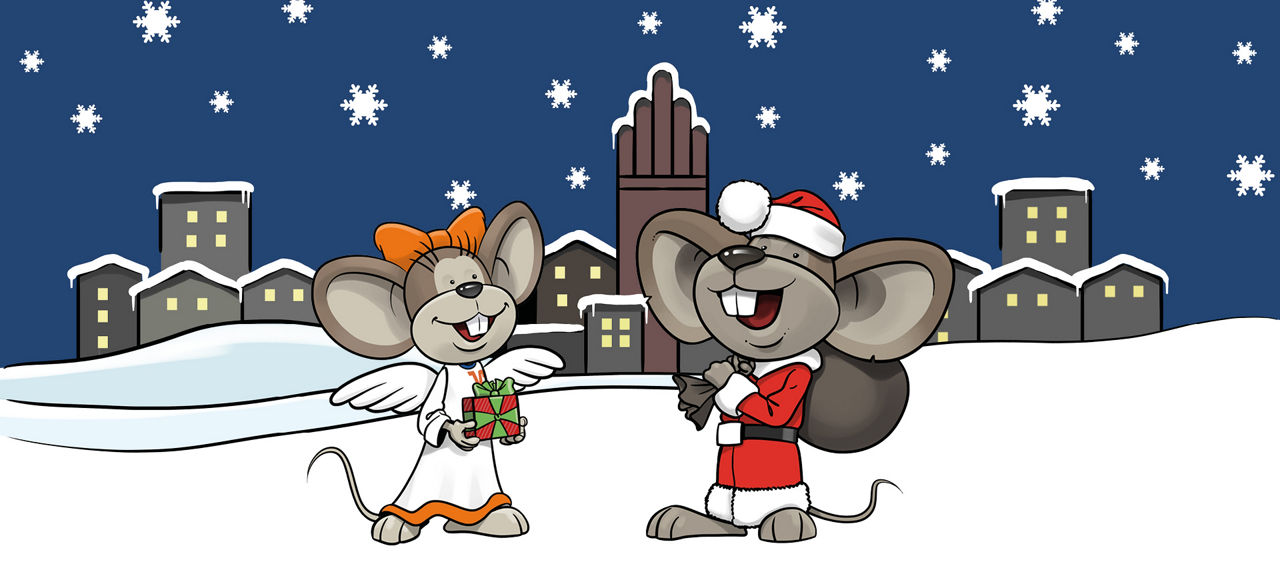 Weihnachtsengel Hanni und Weihnachtsmann Manni stehen im Schnee