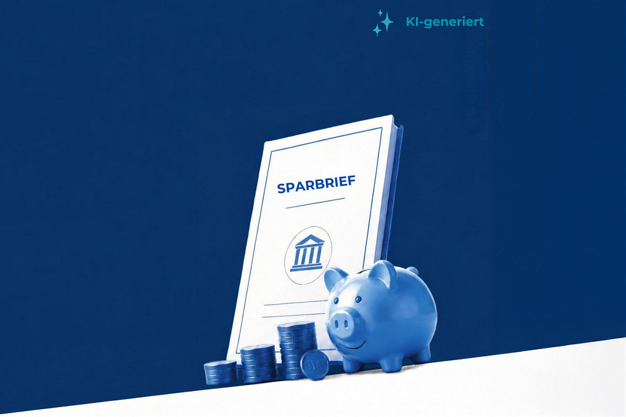 KI-generiertes Bild von einem blauen Sparschwein neben Münzstapel und einer Abbildung von einem Sparbrief.