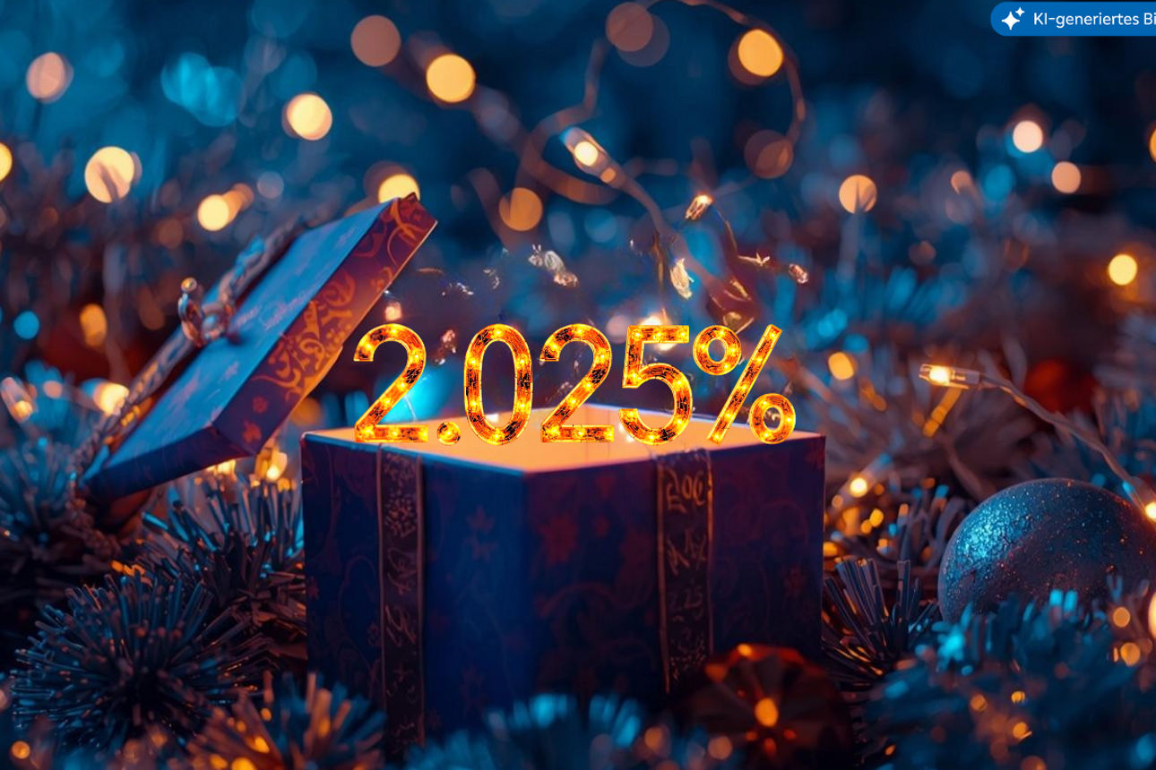 Die Zahl 2,025% steigt aus einem Weihnachtsgeschenk empor