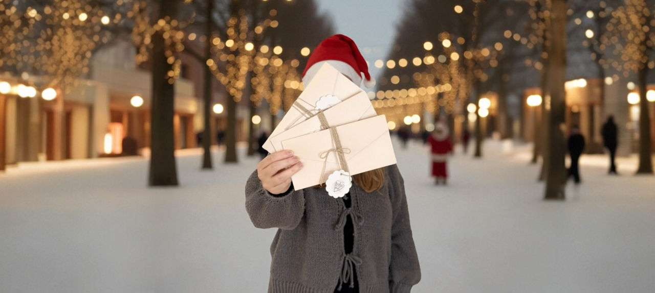 Eine Frau mit Weihnachtsmütze hält Gutscheine in die Kamera