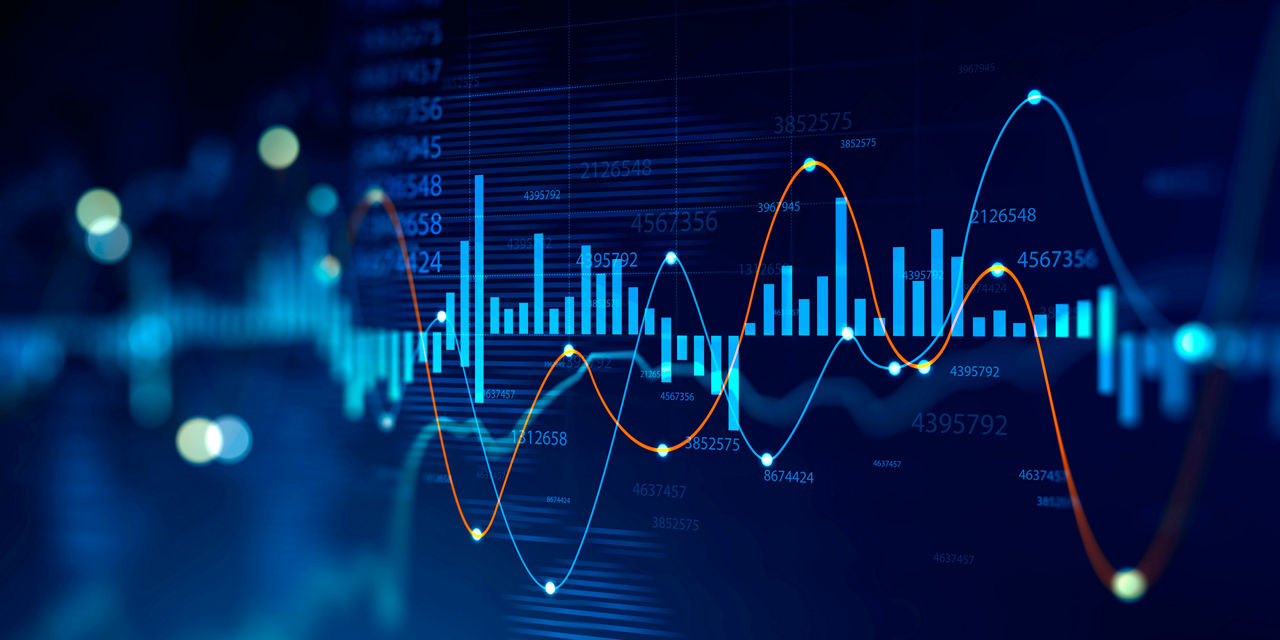 Digitale Darstellung von Finanzdaten mit Balkendiagrammen und Liniengraphen auf blauem Hintergrund.