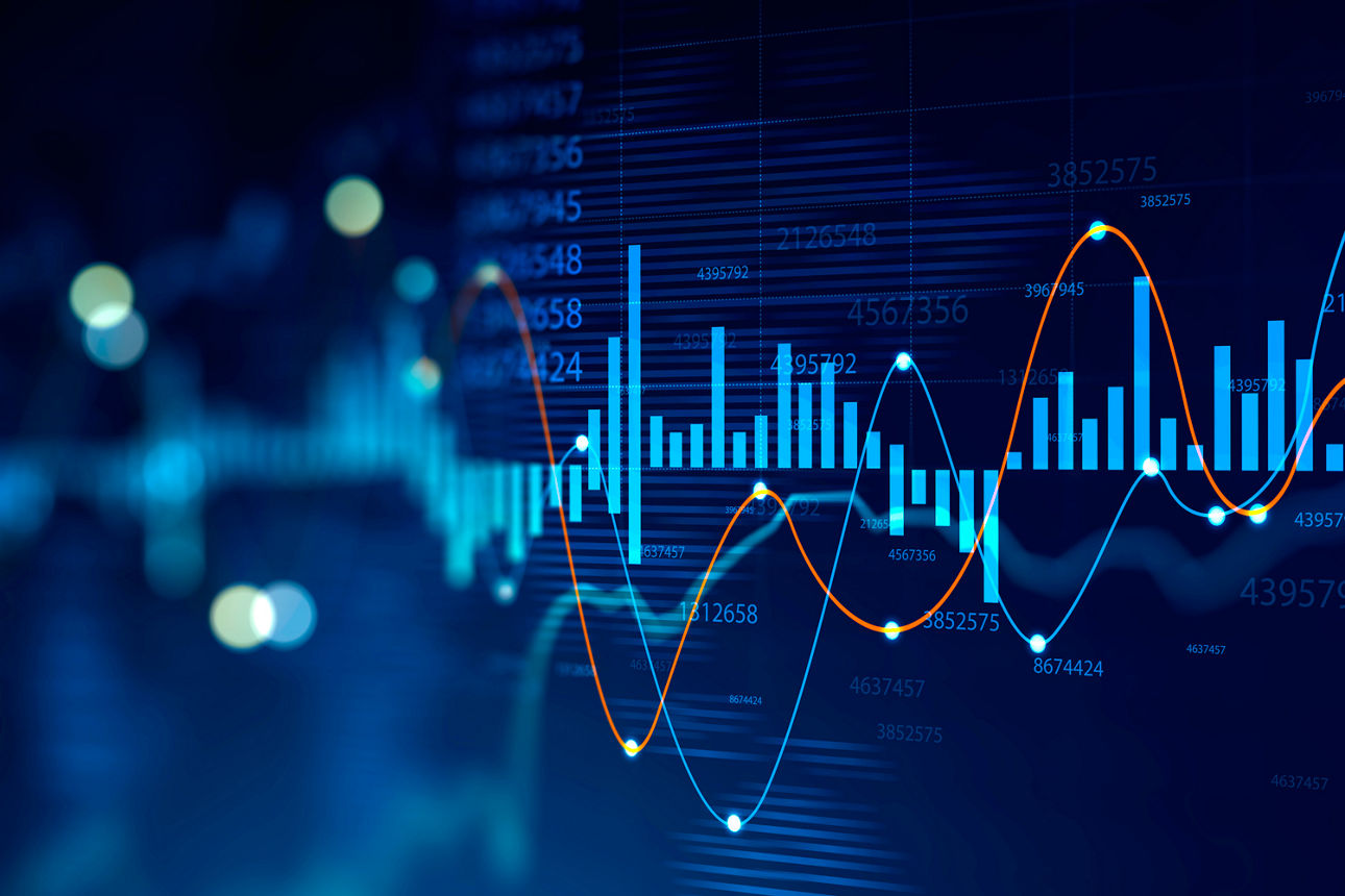 Digitale Darstellung von Finanzdaten mit Balkendiagrammen und Liniengraphen auf blauem Hintergrund.