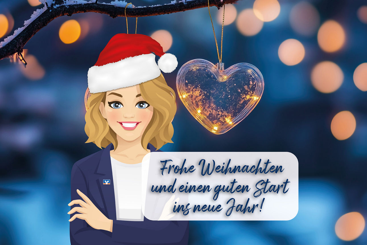 Chatbot Clara Wälle mit Weihnachtsmütze vor winterlichem Hintergrund und dem Schriftzug „Herzlich willkommen!“.