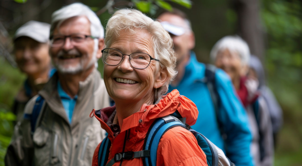 Eine Gruppe fröhlicher älterer Leute beim Wandern