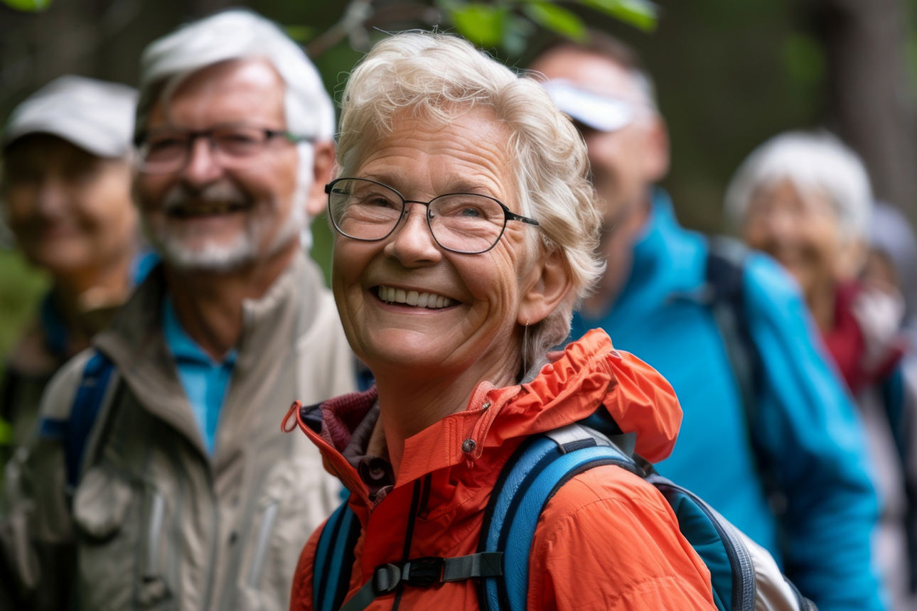 Eine Gruppe fröhlicher Leute beim Wandern