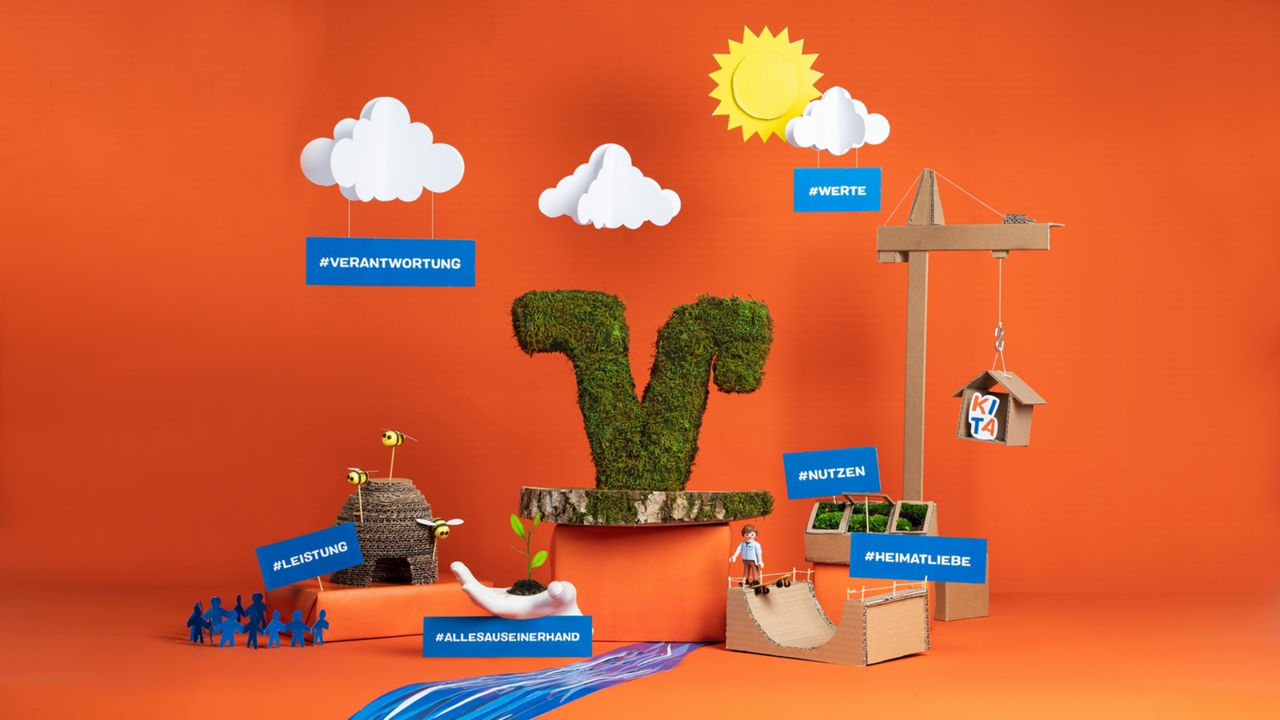 Grafik zum Thema Bio Banking zeigt Sonne, Wolken und nachhaltige Projekte.