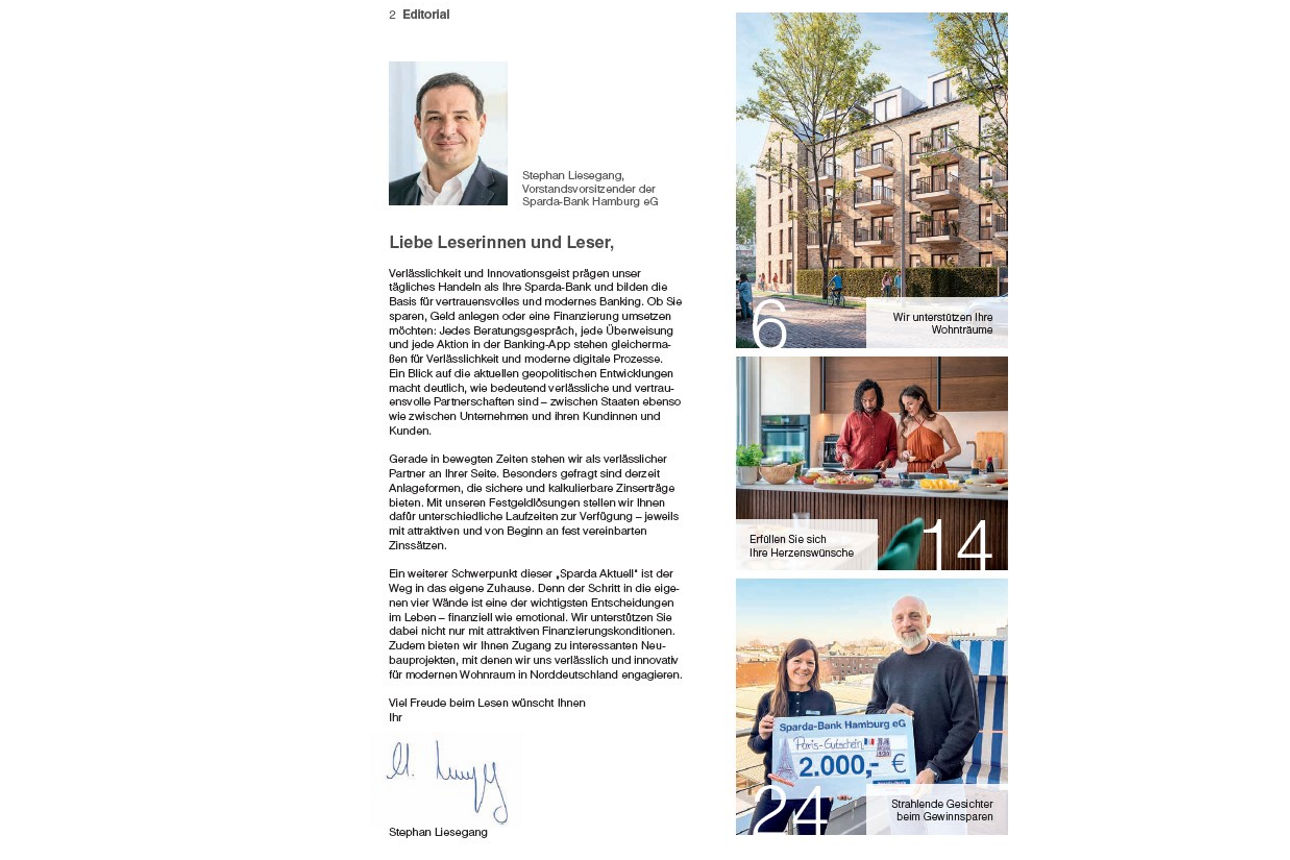 Abbildung Inhalt der aktuelle Ausgabe Mitgliedermagazin Sparda Aktuell