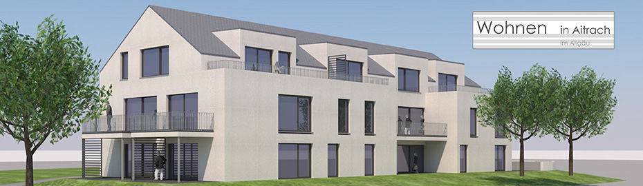 Modell eines Neubau Mehrfamilienhauses mit Spitzdach und Balkonen. Rechts die Aufschrift "Wohnen in Aitrach".