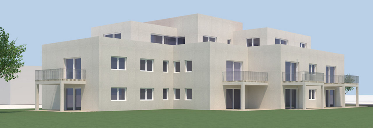 Modell eines Neubau Mehrfamilienhauses mit Balkonen und Flachdach.