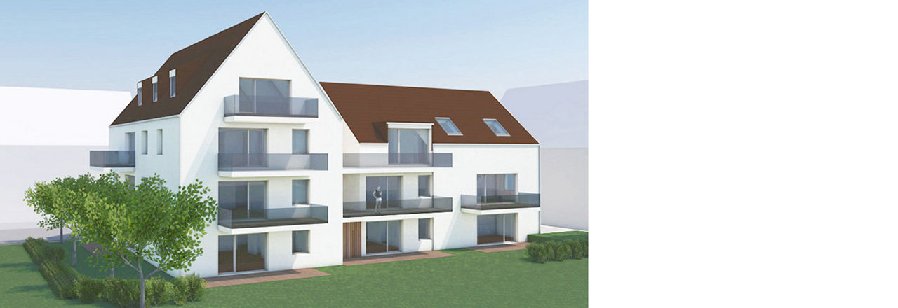 Modell eines weißen neuen Mehrfamilienhauses mit Spitzdach in Wangen im Allgäu.