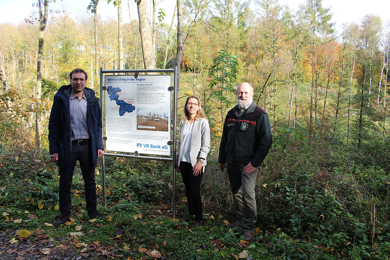 Mitgliederwald Leverkusen - Foto: 3 Personen stehen vor einer Infotafel im Wald