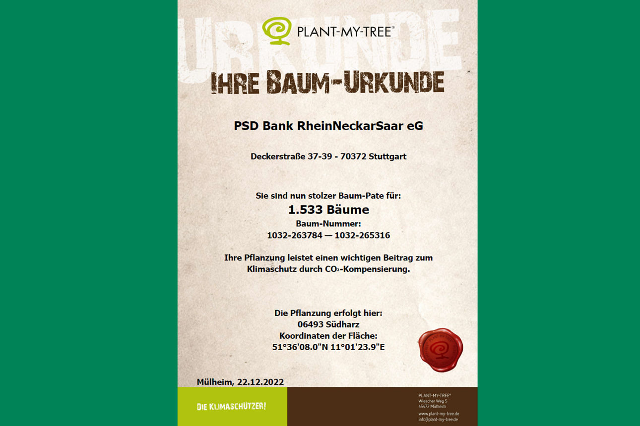 Urkunde über 1533 Baumspenden im Jahr 2022