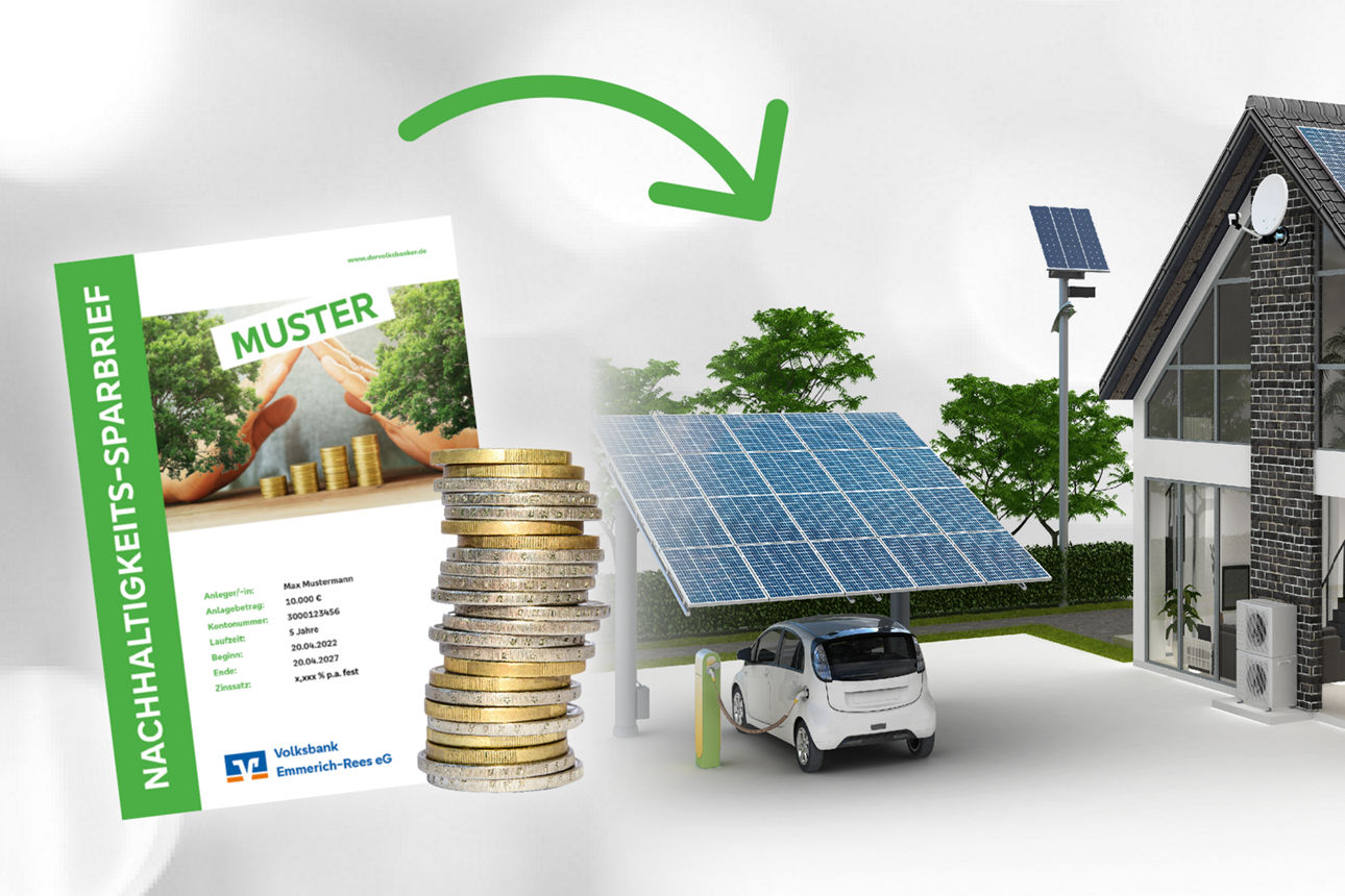 ein Sparbrief, Geld, eine Solaranlage mit E-Auto und das Modell eines Hauses nebeneinander