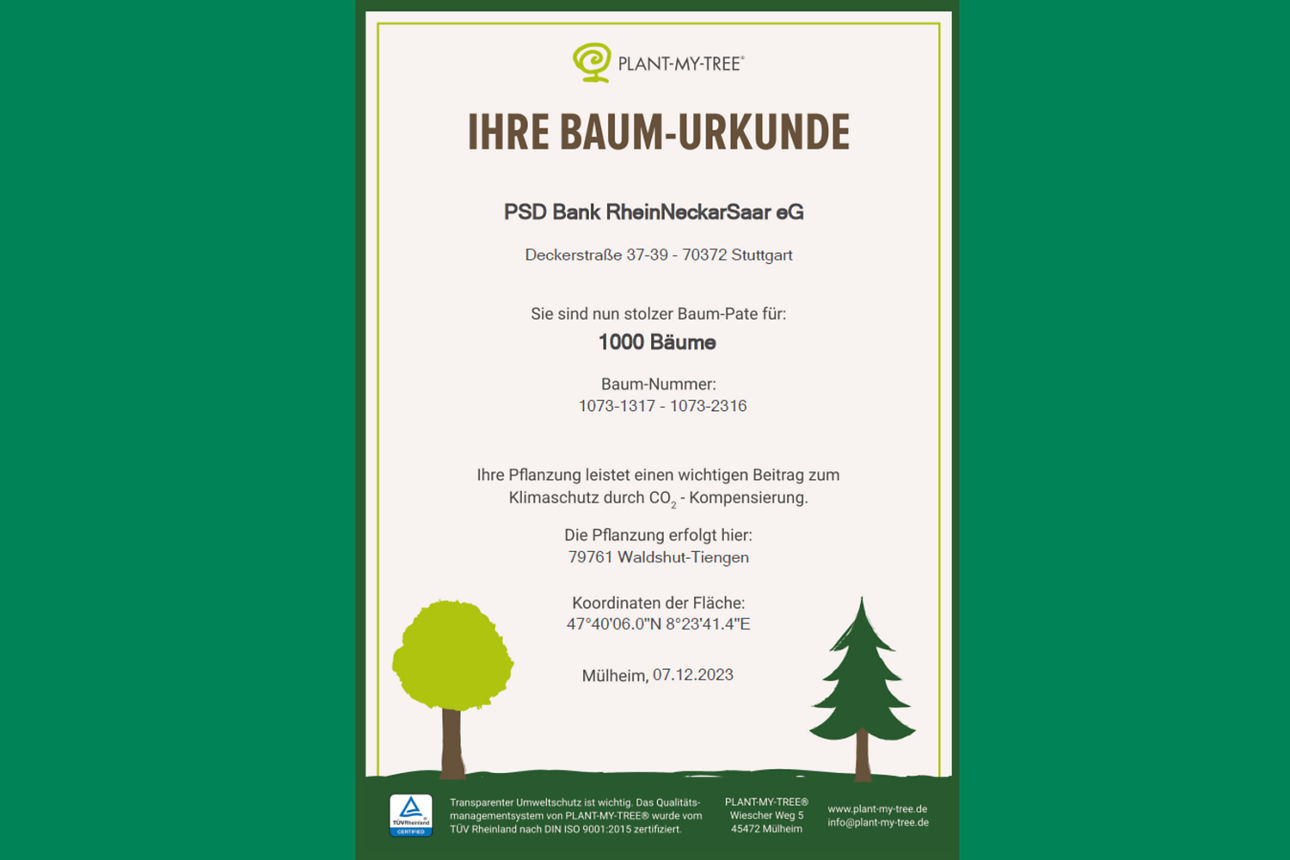 Urkunde über 1000 Baumspenden im Jahr 2023