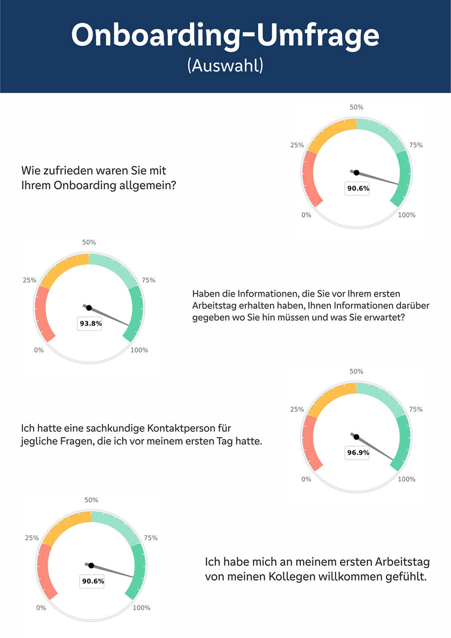 Ein Umfrageergebnis in Form von vier Kreisdiagrammen, die jeweils eine andere Frage und deren Antwort darstellen
