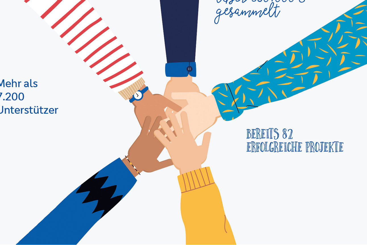 Hände in der Mitte mit aktuellen Crowdfundingzahlen