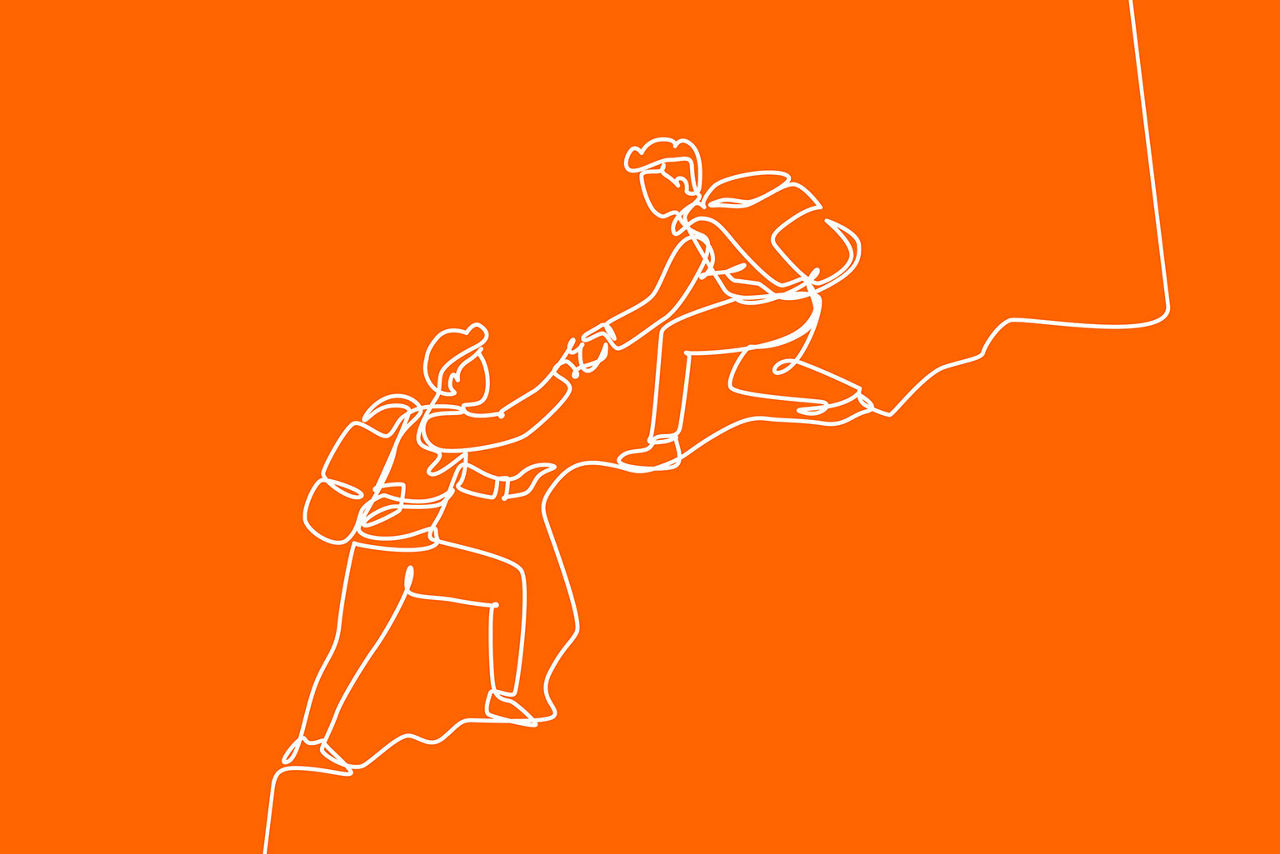 Illustration von zwei Bergsteigern, die sich gegenseitig an den Händen halten
