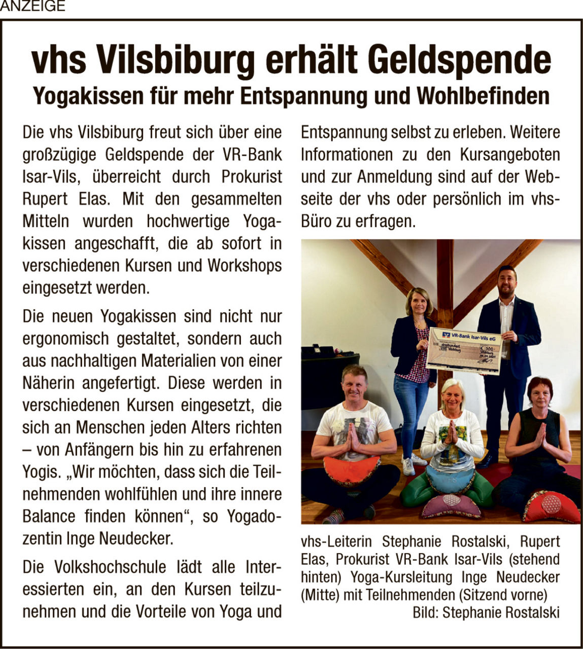 Anzeige geschalten von der vhs Vilsbiburg über die Spende, die sie von der VR-Bank Isar-Vils bekommen haben