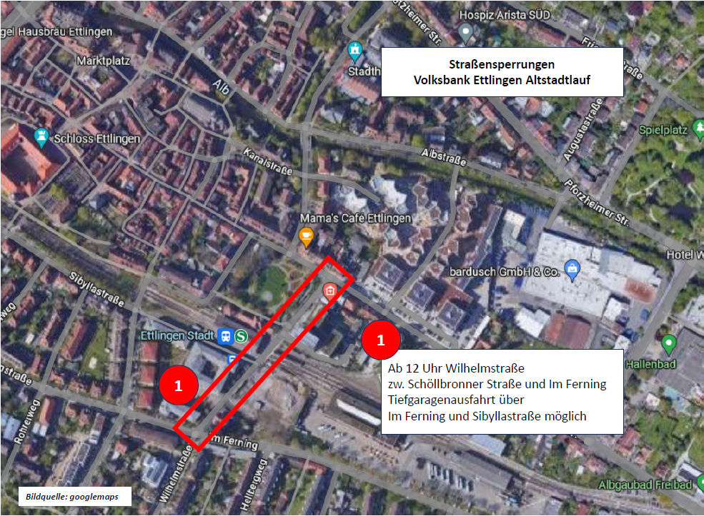 Kartenausschnitt mit eingezeichneter Straßensperrung für den Ettlinger Altstadtlauf