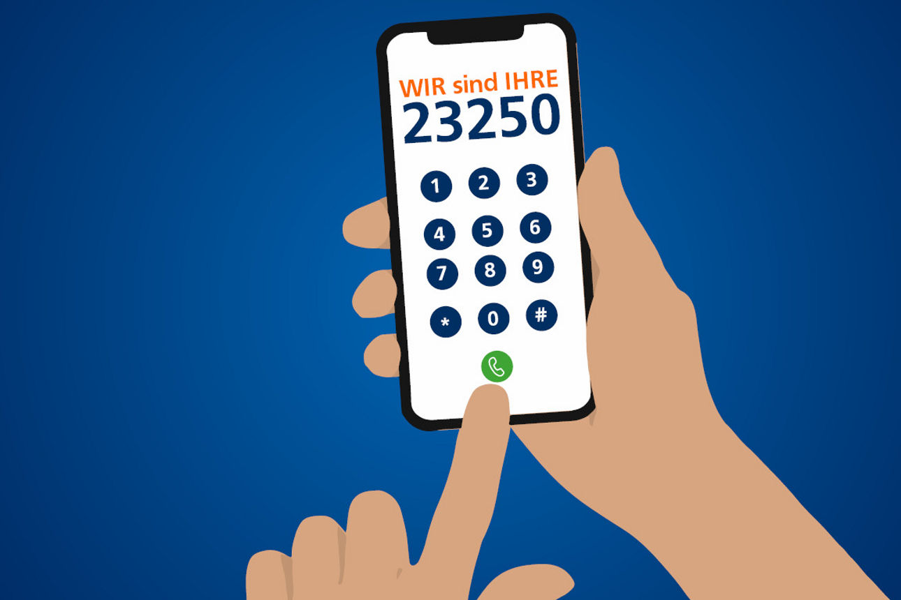 Ein Finger tippt auf dem Handy eine Taste