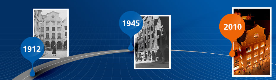 Eine Zeitachse mit markierten Jahren 1912, 1945 und 2010 und dazugehörigen Fotografien eines Gebäudes über die Jahre.