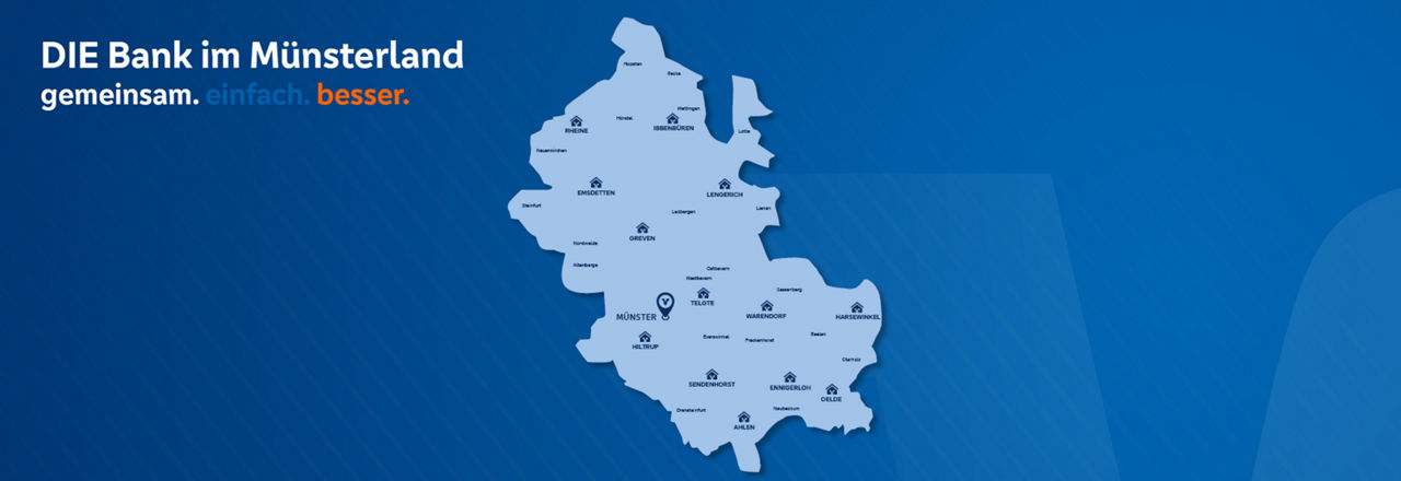 Die Landkarte wird in einer blauen Farbe angezeigt. Links oben im Eck befindet sich die Aufschrift "Die Bank im Münsterland"