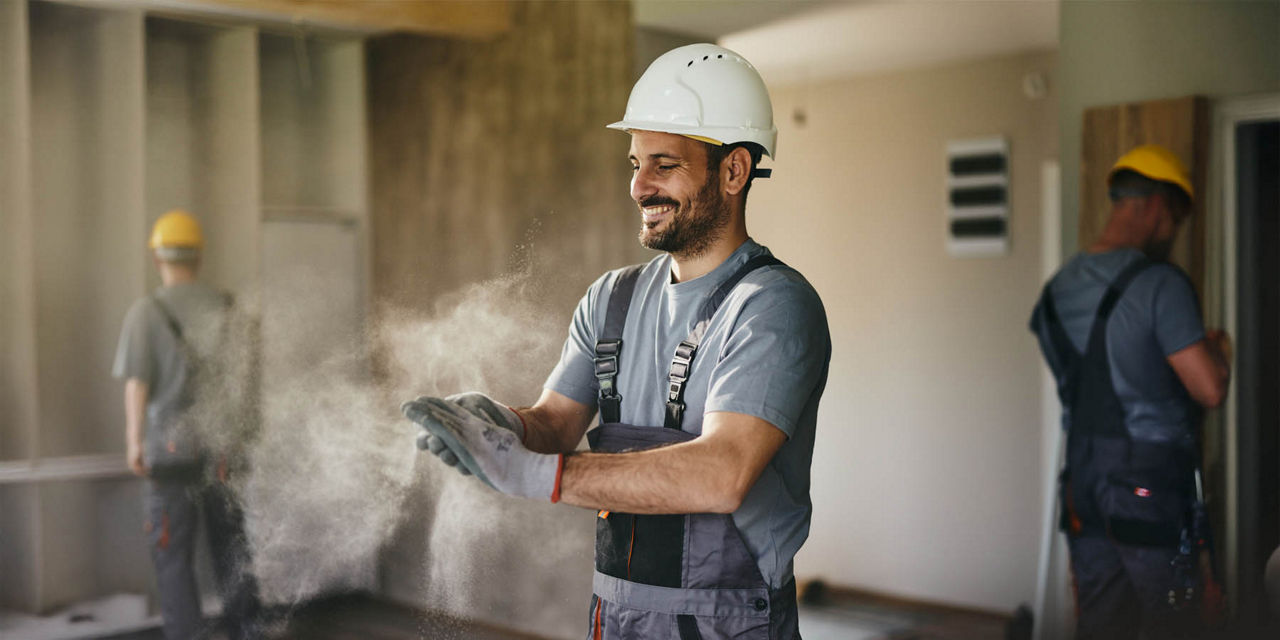 Ein junger Mann scheint überglücklich während er am Haus arbeitet