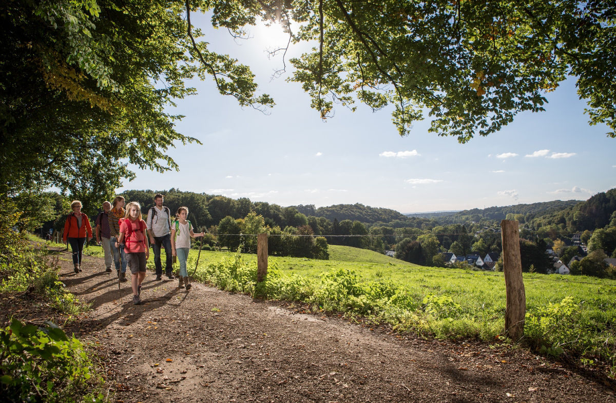 ine sechsköpfige Familie wandert über einen Feldweg in der grünen Natur.