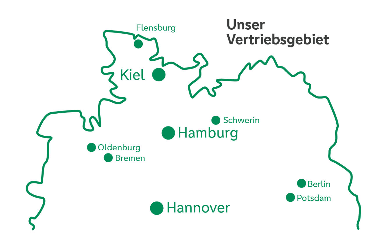 Deutschlandkarte zur Veranschaulichung des Vertriebsgebiets der PSD Bank Nord