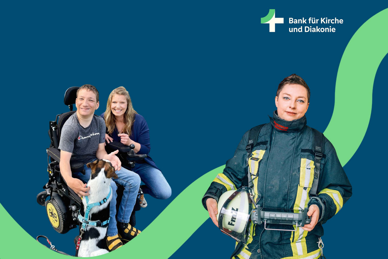 Eine Frau in Brandschutzbekleidung mit Feuerwehrhelm sowie eine Frau mit einem Jugendlichen im Rollstuhl.