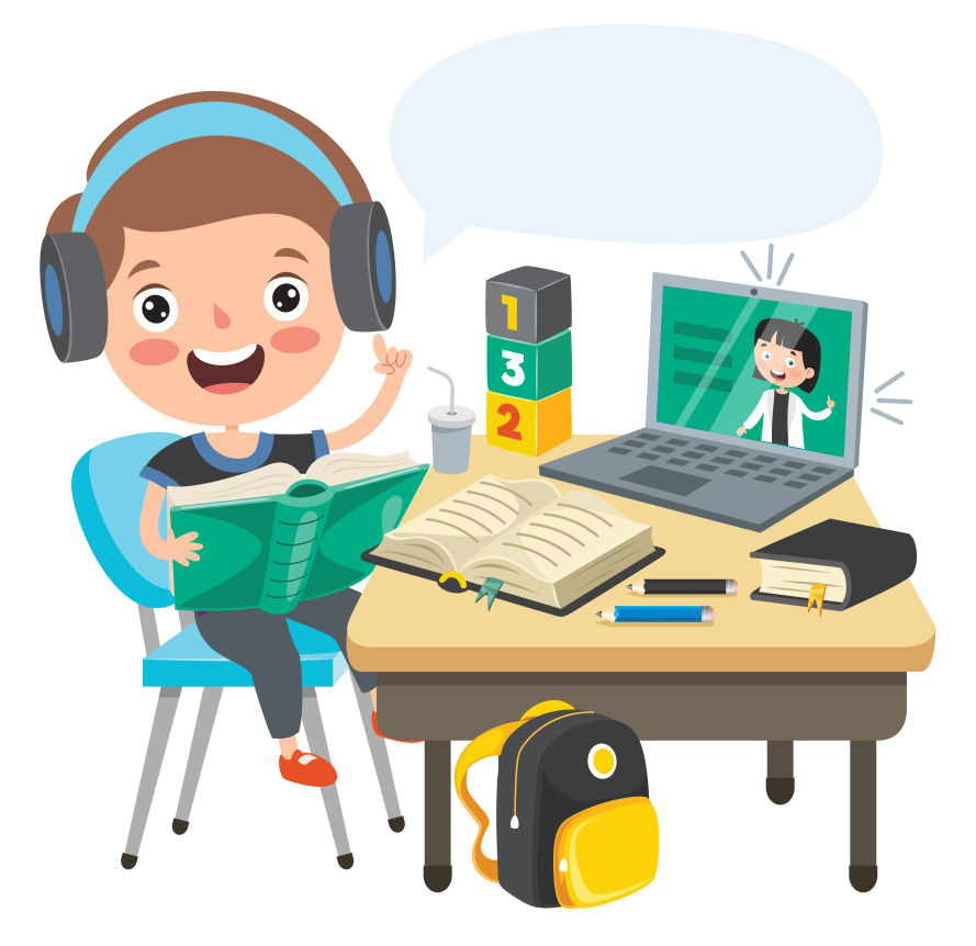 Kind sitzt mit Hausaufgaben, Büchern und Laptop am Tisch.